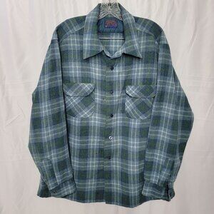 Vintage 70's Pendleton Men's Wool Flannel Blue Green Plaid Board Shirt XL